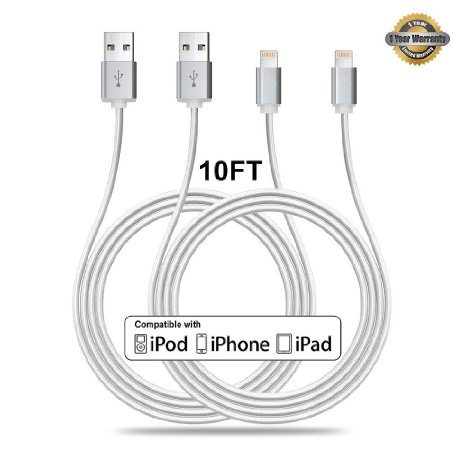 Hallein® 2pcs 10FT 8 Pin Lightning Cable Nylon Braided Charging Cord Data Sync Cable for iPhone (Silver)