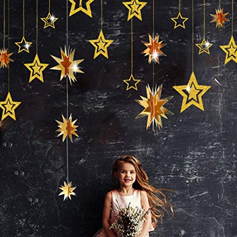 Gold Twinkle Star Party Decoration Kit Metallic Glitter 3D Hanging Star Bunting Garland Twinkle Star Cutouts Decor for Nursery Kids Boys Girls room Birthday Wedding Baby Shower Christmas Party Supply