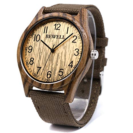 BEWELL Mens Wood Watches Quartz Analog Lightweight Casual Canvas Band Wooden Wristwatch