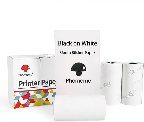 Phomemo M02/M02 Pro/M02S/M03 White Sticker Paper, Black on White Thermal Paper, 50mm x 3.5m, Diameter 30mm, 3-Rolls