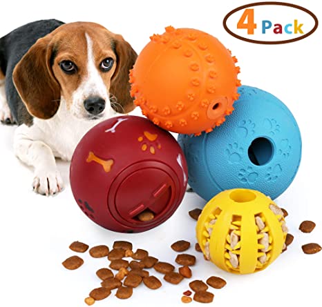 PrimePets 4 Pcs Dog Treat Ball, Interactive Food Dispensing Dog Toys, IQ Treat Ball Toys, Non-Toxic Natural Rubber Dog Chew Tooth Cleaning Toys, Increases IQ and Mental Stimulation