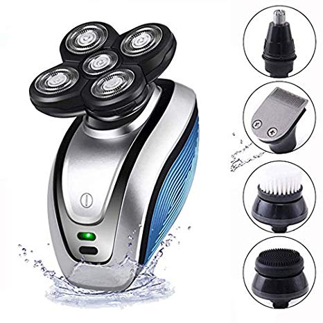 Bald Head Shaver, 5 in 1 USB Rechargeable IPX6 Waterproof 5D Rotary Shaver Trimmer Grooming Kit with 5 Floating Head,Nose Hair Trimmer Facial Electric Shaver Razor for Men - Wet and Dry Dual Use