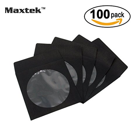 100 Pack Maxtek Premium Thick Black Color Paper CD DVD Sleeves Envelope with Window Cut Out and Flap, 120g Heavy Weight.