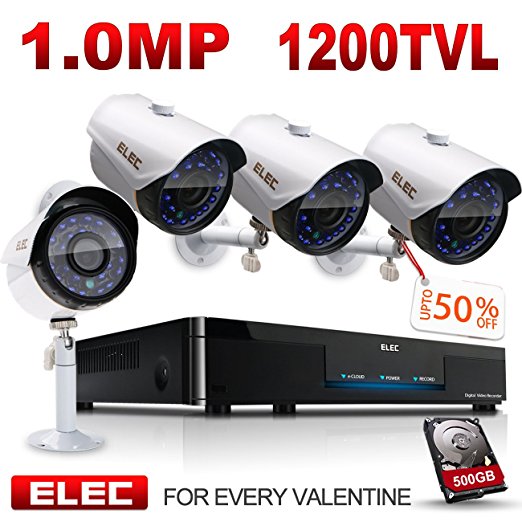 ELEC 4CH 960H HDMI DVR 1200TVL Security Cameras, 4 Channel Home Security Camera System CCTV Surveillance Video Recorder ,500GB Hard Drive Pre-installed