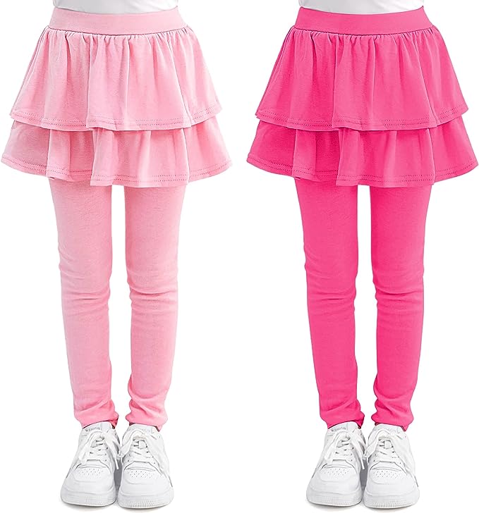 Cooraby 2 Pack Girls Leggings with Skirt Cotton Ruffle Skirt Leggings Tutu Pants Footless Tights Pant for Kids for 4-10 Years