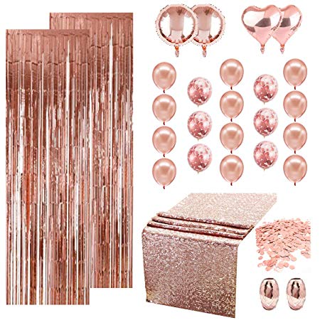 Rose Gold Party Decoration, Rose Gold Bridal Shower Decorations with Rose Gold Balloons, Foil Curtain, Confetti, Rose Gold Sequin Table Runner for Rose Gold Birthday Wedding Bridal Shower Decoration