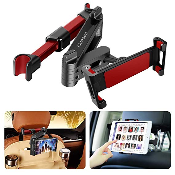 Car Headrest Mount, Universal 360° Rotating Adjustable Car Backseat Mount Tablet Headrest Holder for iPad, Samsung Galaxy, Other 6"-12.7" Tablets and 4.7"-8" Cell Phones (Lengthened Version) (Red)