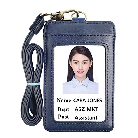 Lucstar Professional ID Badge Holder with Lanyard Necklace Vertical, Genuine Leather Heavy Duty, 2 Back Slots 1 Front Clear Window Coach Name Holder for Women Men Work Student ID, Nurse Company