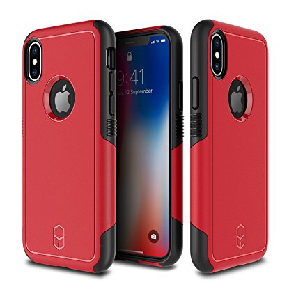 iPhone X Case, Patchworks Level Aegis Series in Red Dual Layer German Polycarbonate TPU Poron XRD Military Drop Tested Triple Material Air Pocket Impact Dispersion Protection Case