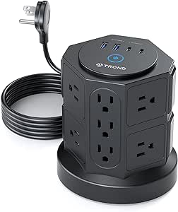 TROND Tower Power Bar with Surge Protector, 10ft Flat Plug Extension Cord Indoor, 14 Outlets 4 USB Ports (2 USB-C), Vertical Power Strip, Desktop Charging Station for Home Office Dorm Room Essentials