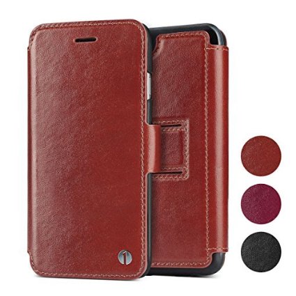 1byone Genuine Leather Wallet Stand Folio Case with Card Slot for iPhone 6 / 6s Plus, Brown
