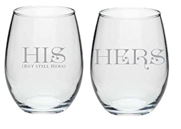 His and Hers Elegant Wine Glasses Wedding or Anniversary Set - 15 oz.