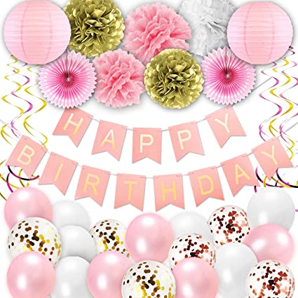 Birthday Decorations, Pink and Gold Happy Birthday Party Decorations Supplies for Princess Women Girl Birthday Banner, Paper Fans, Pom Poms, Hanging Swirls, Paper Garland for 1 Birthday Decorations