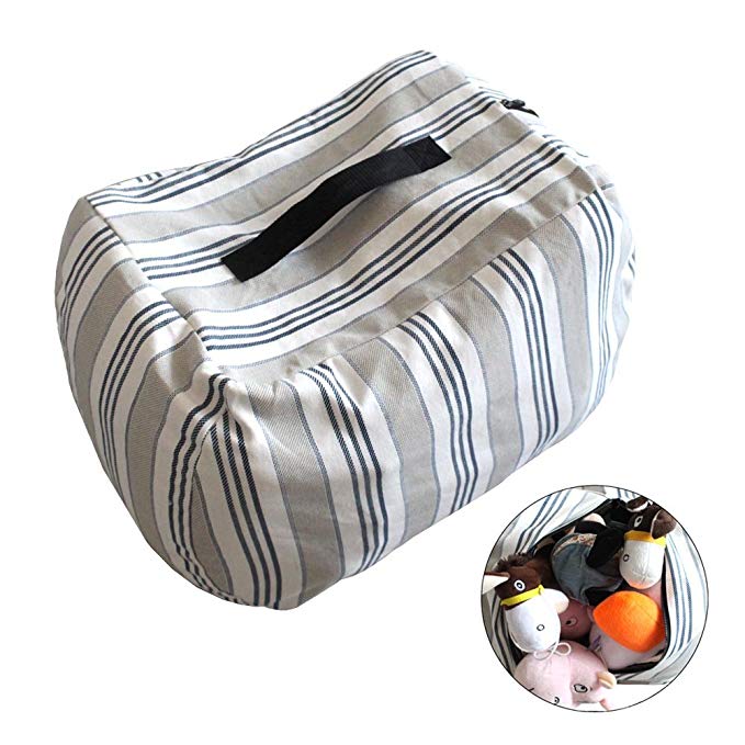 iDili Stuffed Animal Storage Bean Bag Chair Cover Perfect Storage Solution for Extra Blankets Pillows Covers Towels and Clothes Premium Cotton Canvas Normal Size Blue Stripe