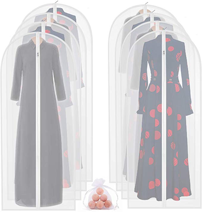 homeminda Garment Bags Clear 8packs 55in Hanging Moth Proof Lightweight Breathable Dust Covers with Cedar Balls and Study Full Zipper for Storage Long Dresses Gown Clothes