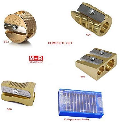 COMPLETE SET 4 Styles of Mobius   Ruppert (M R) Brass Pencil Sharpeners   10 Replacement Blades - Finest in the world - MADE IN GERMANY