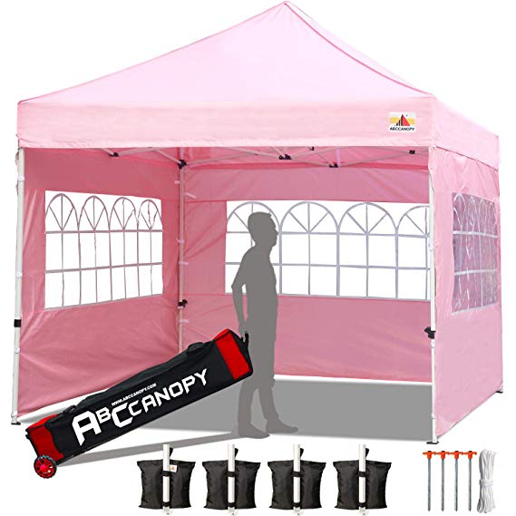 ABCCANOPY Tents Canopy Tent 10 x 10 Pop Up Canopies Commercial Tents Market stall with 3 Removable Sidewalls and 1 Door Wall Bonus 4 Weight Bags, 4 Stakes and Upgrade Roller Bag, Pink