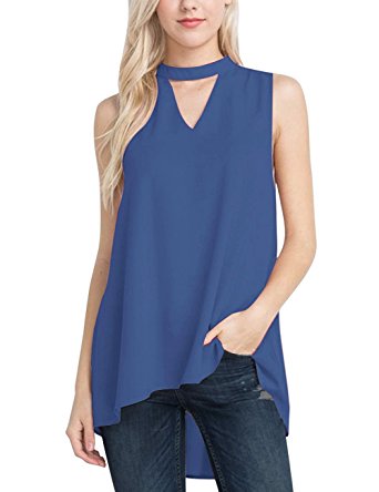 MEROKEETY Women's Choker V Neck Sleeveless Blouse Keyhole Chiffon Tank Tops Shirt