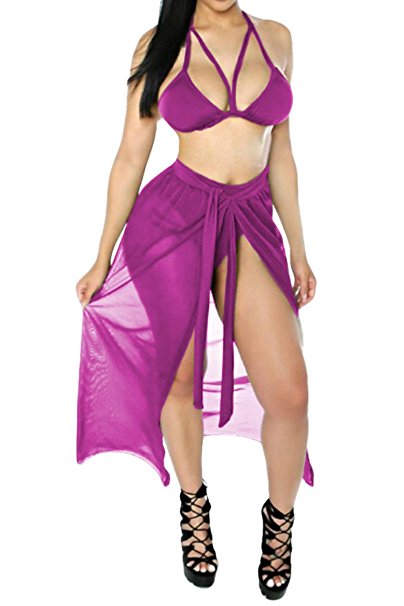 Kisscy Women's Halter Neck Cut Out Bikini Set Swimwear with Mesh Maxi Skirt