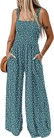 Dokotoo Women's Casual Loose Overalls Jumpsuits One Piece Sleeveless Printed Wide Leg Long Pant Rompers With Pockets