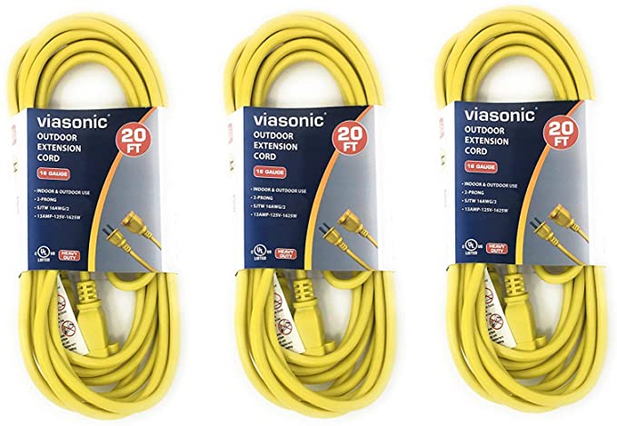 Viasonic Indoor/Outdoor Extension Cord - 20FT - Heavy Duty & Durable, General Purpose, 16 Gauge, 2-Prong, UL-Listed - by Unity (Yellow 3-Pack)