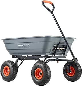 VEVOR 4 Cu.Ft. 600lbs Poly Garden Cart Dump Wagon, Heavy Duty Yard Dump Cart Wagon, 4 Wheel Wheelbarrow with 10in All Terrain Wheels, Steel Frame and Quick Release System