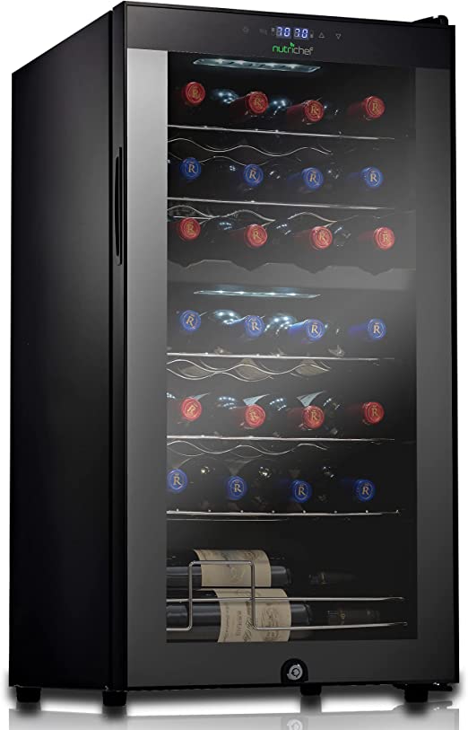 NutriChef PKCWCDS285 28 Bottle Compressor Cooler Dual-Zone Refrigerator Cooling System | Large Freestanding Wine Cellar Fridge for Red White Champagne or Sparkling, Black Glass Door