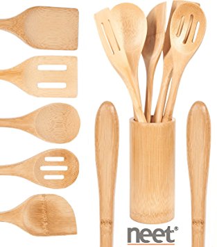 Neet Organic Wooden Bamboo Cooking & Serving Utensils (Wide Handle) kitchen utensils, 6 Piece Set BMB-WH