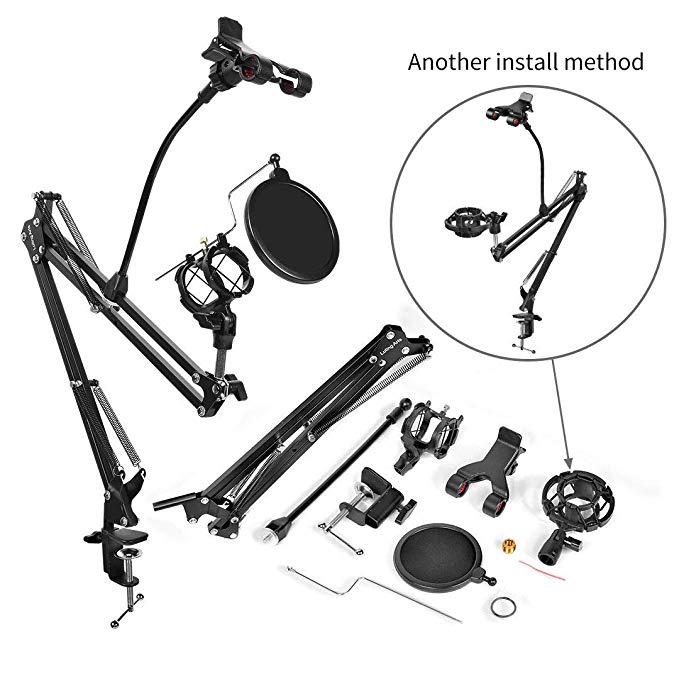 Adjusted Heavy Duty Microphone Suspension Boom Scissor Arm Stand Desktop Mic Stand with Mic Pop Filter and Universal Cell Phone Holder for Radio Broadcasting and Recording … (microphone boom arm)