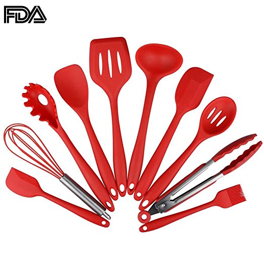 TOKINGSUN Silicone Kitchen Utensils Set, Durable Cooking tools with Hygienic Solid Coating Heat Resistant 10 pieces