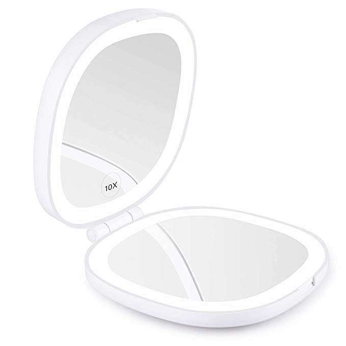 KEDSUM 2020 Version Rechargeable LED Lighted Travel Makeup Mirror, 1X/10X Magnifying Compact Mirror with Lights, Dimmable Double Sided Folding Mirror, Portable, Large, Daylight, USB Charging (White)