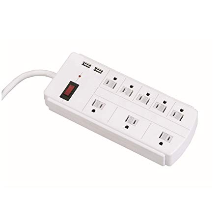 Globe Electric 8-Outlet Surge Protector Power Strip, 2x USB Ports, Circuit Breaker Switch, Safety Covers, White Finish, 78237