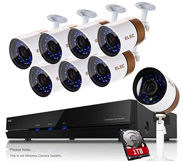 ELEC AHD 720P 2000TVL 8 Channel Video Security System DVR and 8 Weatherproof Indoor/Outdoor 1.3MP CCTV Cameras with IR Night Vision LEDs Remote Viewing,1TB Hard Drive Pre-installed