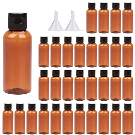 Travel Bottles ，2 oz Amber Plastic Small Squeeze Bottles Leak Proof Silicone Travel Size Containers With Flip Cap and Funnels(32 Pack, Amber)