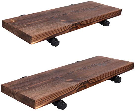 Y&ME Wall Mounted Floating Shelves with Industrial Pipe Brackets, Set of 2 Solid Pine Wood Pipe Shelf,Dark Walnut Color, 23.6 Inch and 19.7 Inch Length x 7.5 Inch Wider