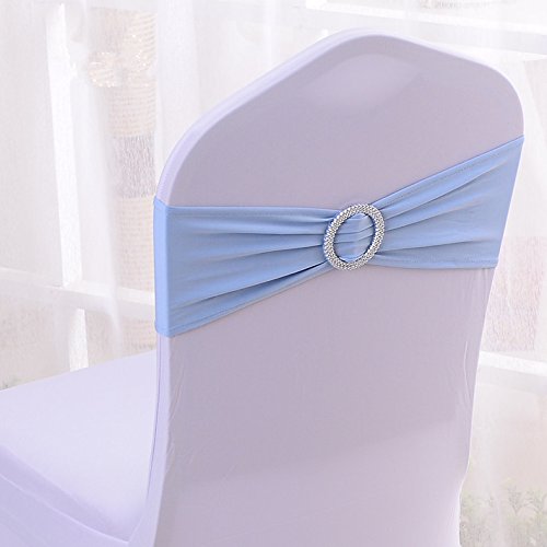 Uniquemystyle Satin Chair Cover Stretch Band With Buckle Slider Sashes Bow Hotel Wedding Banquet Decor 10PCS (Light Blue)