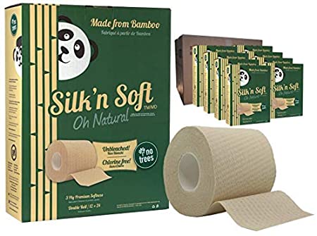 "Silk'n Soft" Unbleached Bamboo Toilet Paper - Tree-Free Environment Safe Biodegradable Septic-Safe Strong Dependable Panda Friendly Absorbent Bathroom Tissue 3-Ply Chlorine Free (8 Pack of 12 Rolls)