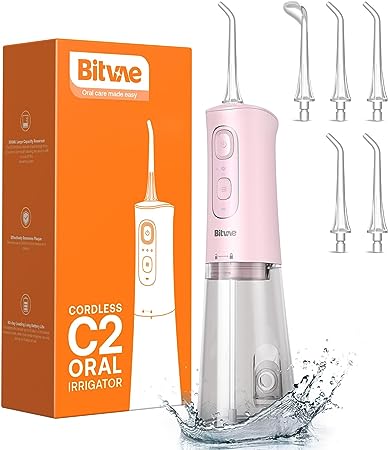 Water Flosser, Portable 300ML Water Flossers for Teeth, Bitvae Water Dental Flosser with 3 Cleaning Modes and 6 Jet Tips, Cordless Water Floss for Cleaning, Quartz Pink