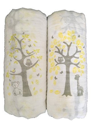 Summer Promotion - Seben Baby Muslin Swaddle Blankets 2 Pack - 47" x 47" - Tree Bear and Deer - Unisex for Boys or Girls