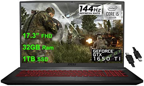 MSI 2021 Flagship GF75 Thin Gaming 17 Laptop 17.3” FHD IPS 144Hz 10th Gen Intel 4-Core i5-10300H(Beat i7-8850H) 32GB RAM 1TB SSD GeForce GTX 1650Ti 4GB Backlit USB-C Win10   iCarp HDMI Cable