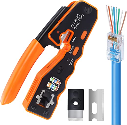 RJ45 Crimp Tool Pass Through Crimper for Crimping Cat6 Cat6a Cat5 Cat5e Connector Ends with Replacement Blade