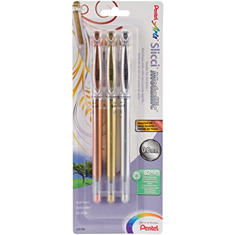 Pentel Arts Slicci Metallic 0.8 mm Needle Tip Gel Pen, Assorted Colors, 3 Pack (BG208BP3M)