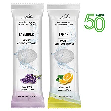 FabbPro Oshibori Moist Terry Cotton Refreshment Towels (50 Pack, 8 x 8 Inches) - White Scented Pre-moistened Essential Oil Infused Towel to Use Hot or Cold - Lemon & Lavender Scent Bundle of 25 each