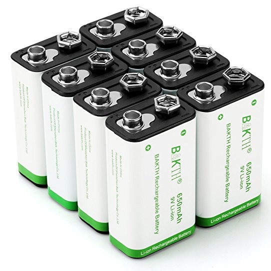 BAKTH 9V Advanced Li-ion Battery 9 Volt 650mAh High Capacity Low Self-Discharge Lithium-ion Rechargeable Batteries (8 Pack)