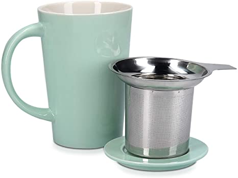 Navaris Tea Mug with Infuser and Lid - 375ml Ceramic Tea Cup with Stainless Steel Strainer Basket for Brewing Loose Leaf Tea in Home or Office - Green