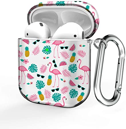 Maxjoy Case for Airpods, Airpods Protective Cover, Hard PC Skin Kit for Girls Men Women Compatible with Airpods 2 & 1 Charging Case with Carabiner [Front LED Visible], Flamingo