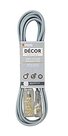 Woods 64598101 Decor Series 8-Foot Fabric Braided Indoor Extension Cord with Lighted Ends, 3 Polarized 2-Prong Outlets, Right Angle Plug, 125 Volts, Grey/Gray