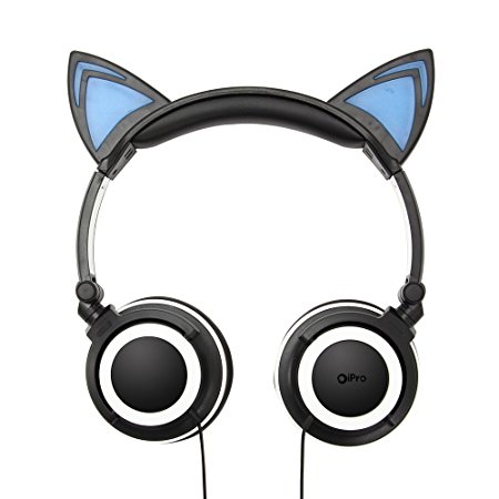 Fashional Cat Ear Headphones, IPRO Cat Earphone-LED Glowing Cat Ear Head phone-Cute Headphone for Computer,Tablet,Phone,MP3,MP4,etc-Black