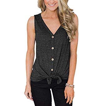 INIBUD Women's Tops Self Tie Button Down Cotton V Neck Cami Sleeveless T-Shirts Vest Camisole Tank Tops for Women Summer