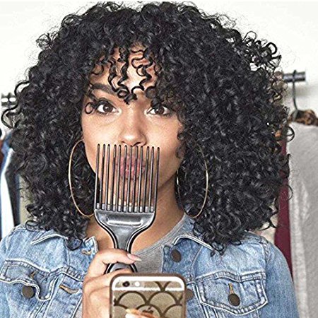 ForQueens Black Short Kinky Curly Wig Synthetic Afro Full Wigs For Black Women Heat Resistant Hair Curly Wigs With Bangs For African Women
